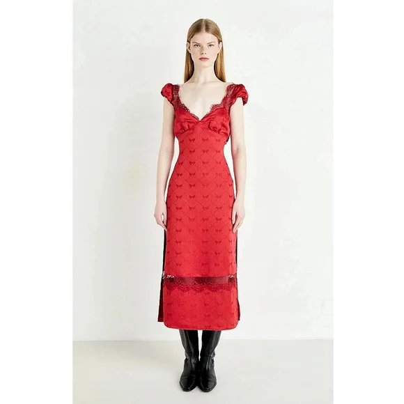 Free People Foolish Heart Bow-Pattern Lace Red Midi Dress - Picture 11 of 13